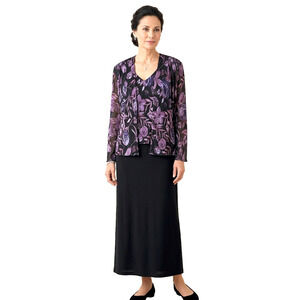 COLDWATER CREEK Maxi Jacket Dress Eggplant Purple Floral Black Long Sleeves 12